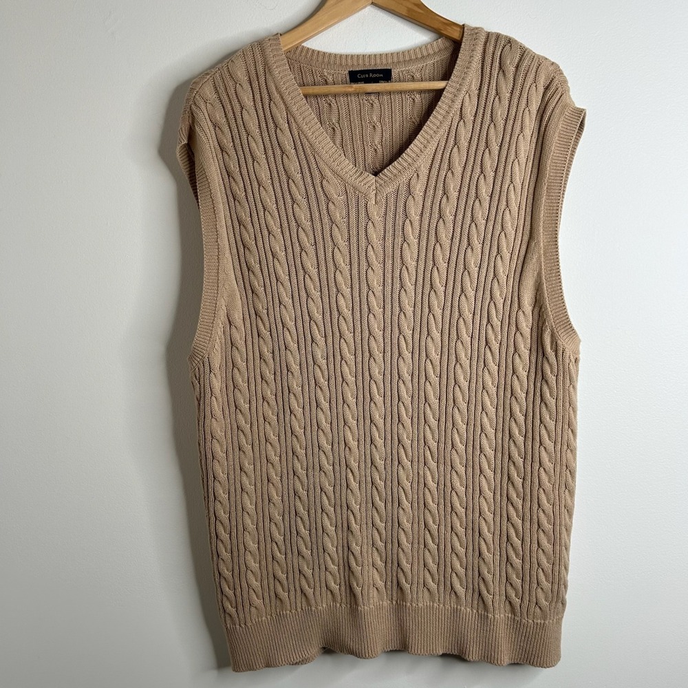 Club Room Mens Cable Knit V Neck Sweater Vest Tan Large‎ Cotton Preppy Academia
